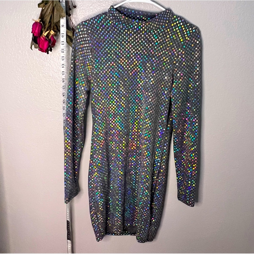 Black Bead 🌀mermaidcore🌀 grey+sequin hi-neck bodycon minidress, sz lg. NWoT